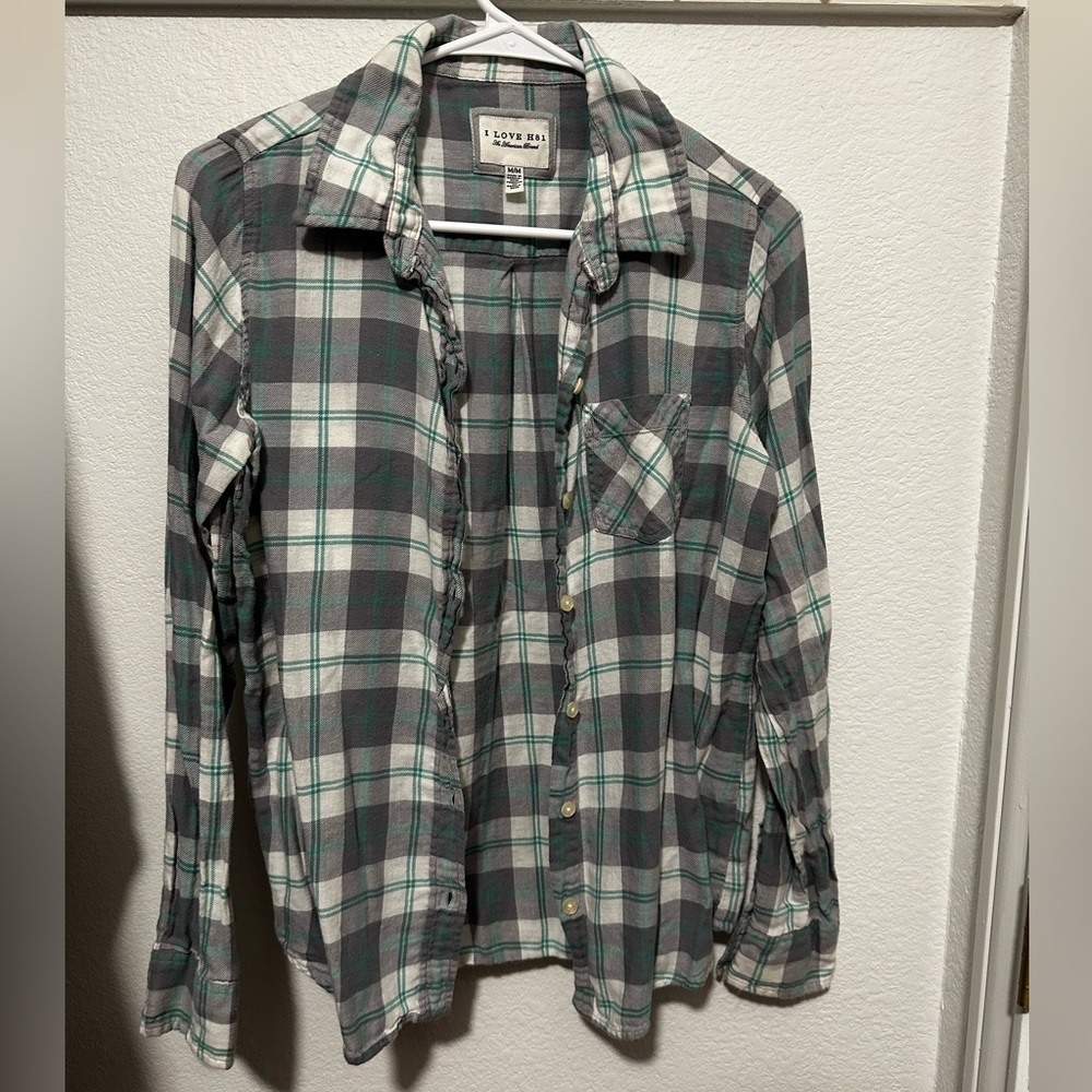 Forever 21 I Love H81 | Green & Gray Plaid Button Up Shirt 100% Cotton Size M